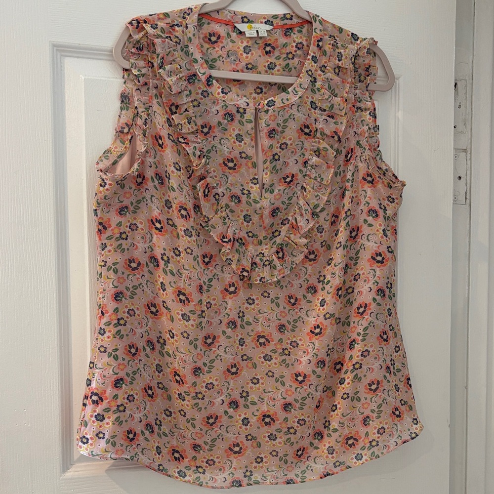 Boden Floral Ruffle Blouse in Pink and Orange